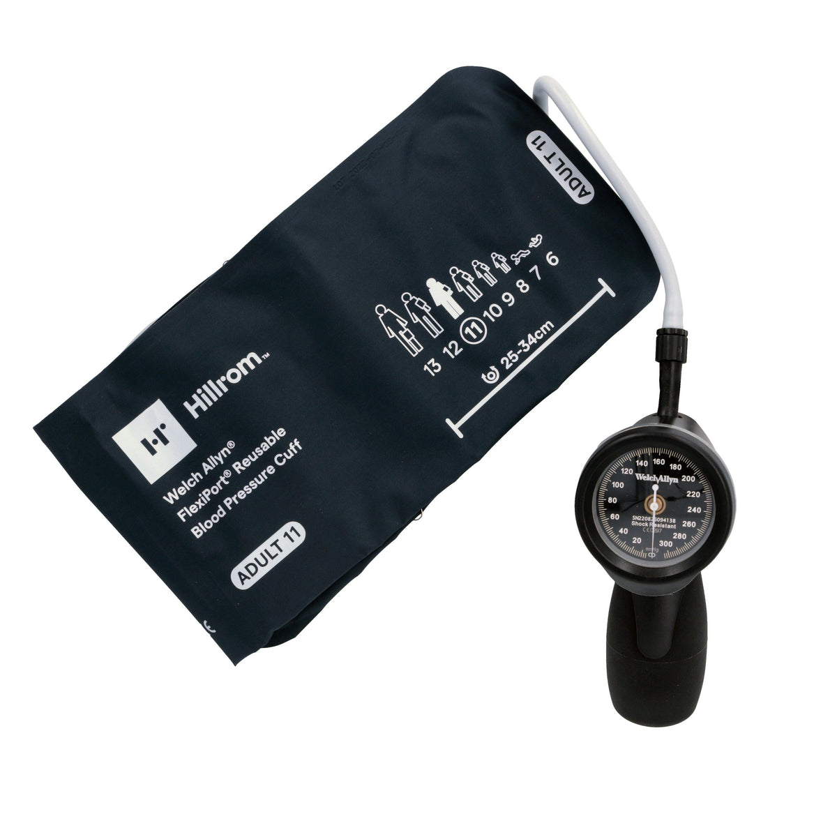 Black Welch Allyn DuraShock DS65 Sphygmomanometer with a grey tube connecting it to the navy blue blood pressure cuff size Adult 11 above it. The cuff has the Hillrom logo on it and "Welch Allyn FlexiPort Reusable Blood Pressure Cuff" written below it. Displayed against a white background.