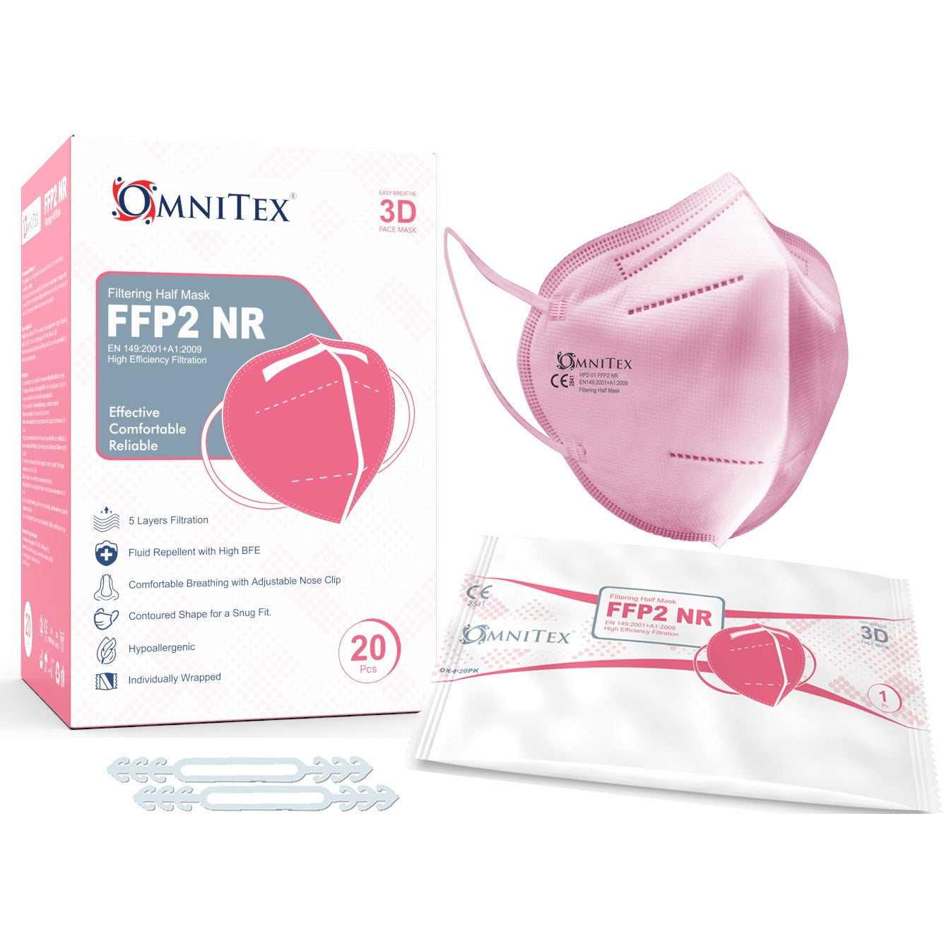 Pink FFP2 Masks - Box of 20 - CLEARANCE - Short Dated 31/07/24 - Omnitex