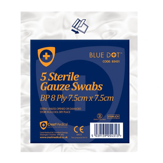 Blue Dot Sterile Gauze Swabs 7.5cm x 7.5cm (Pack 5)