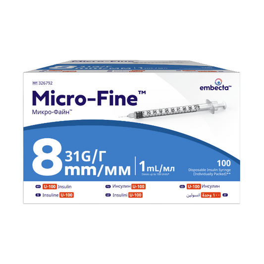 Micro - Fine™ + 1ml 31G 8mm Insulin Syringe - Box of 100 - 