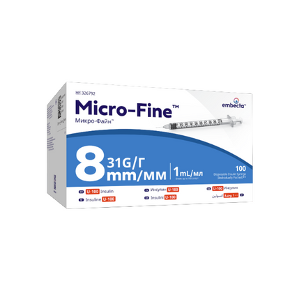 Micro - Fine™ + 1ml 31G 8mm Insulin Syringe - Box of 100