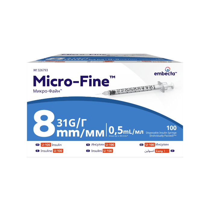 Micro - Fine™ + 0.5ml 31G 8mm Insulin Syringe - Box of 100