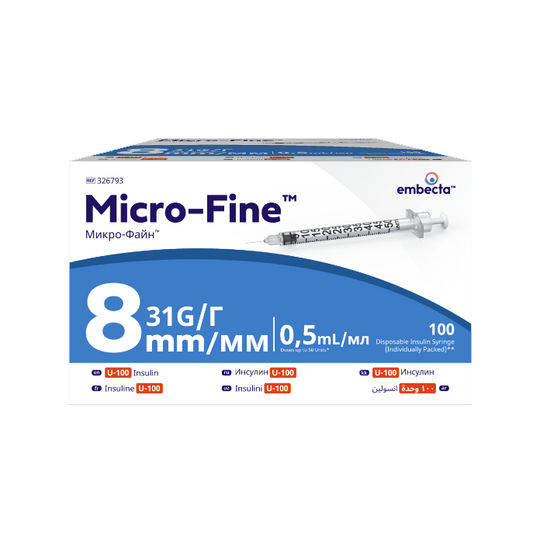 Micro - Fine™ + 0.5ml 31G 8mm Insulin Syringe - Box of 100 - 