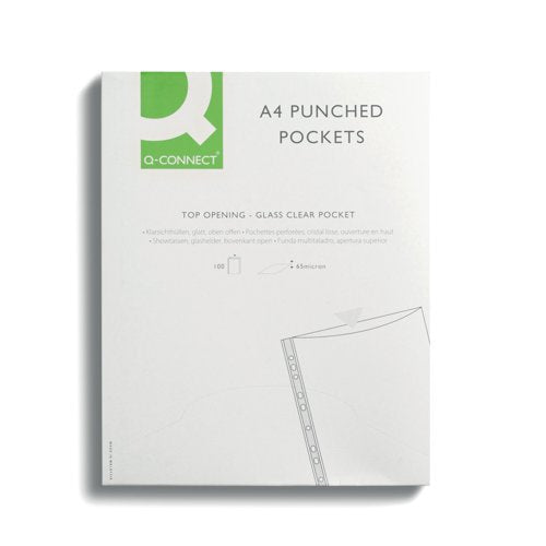 Q-Connect Deluxe Punched Pockets, Top Opening Green Strip A4 Clear - Pack of 100 - 