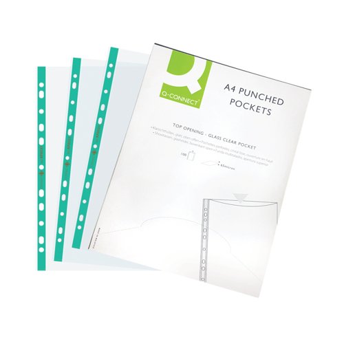 Q-Connect Deluxe Punched Pockets, Top Opening Green Strip A4 Clear - Pack of 100 - 