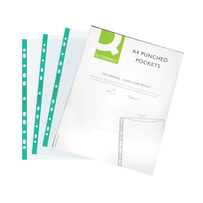 Q-Connect Deluxe Punched Pockets, Top Opening Green Strip A4 Clear - Pack of 100 - 