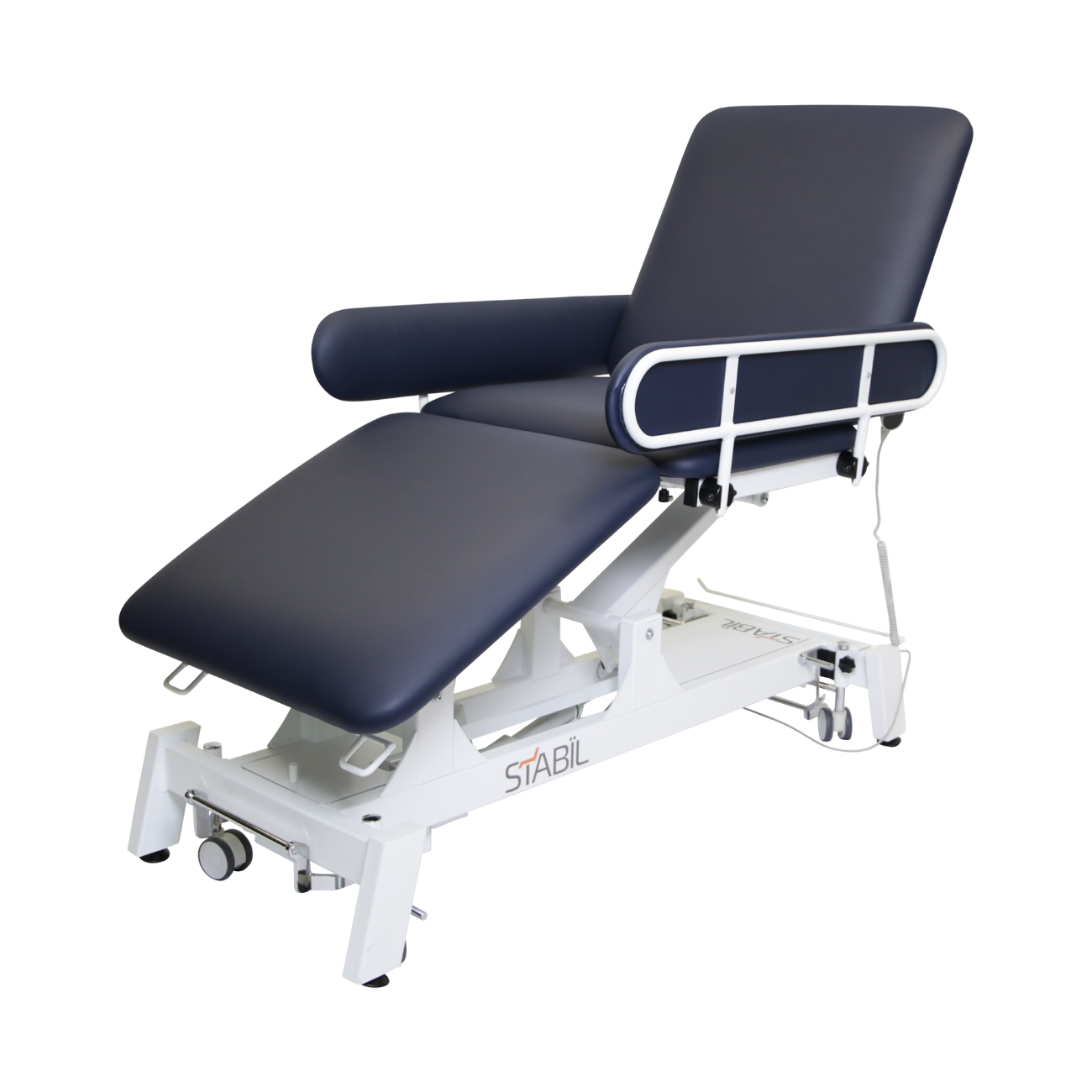 Stabil Klinical 3-Section Couch with Electric Backrest - White Frame and Navy Upholstery - 