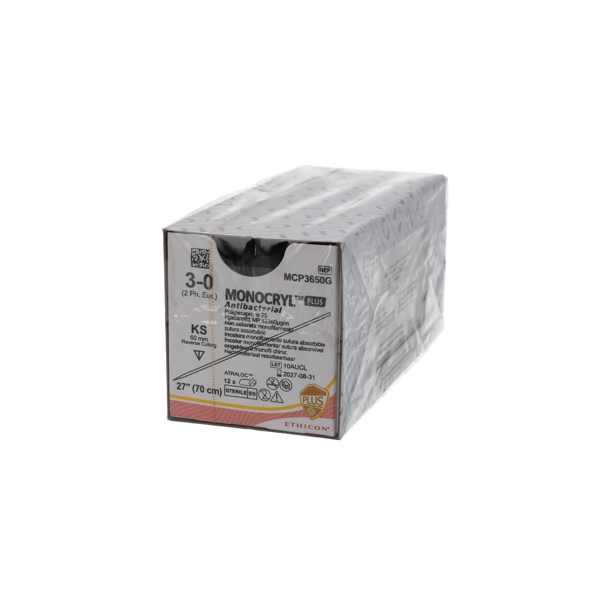 MONOCRYL PLUS suture - Monofilament - Undyed - 3-0 - 70cm - 1 x Reverse cutting - 60mm - STRAIGHT - 12 - 