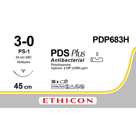 PDP683H Antibacterial Suture Undyed 3-0 45cm PDS Plus 24mm 3/8 Reverse Cutting Prime - Ethicon