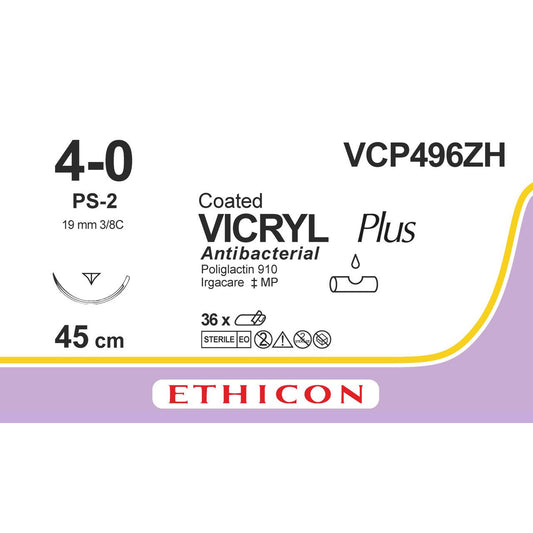 VCP496ZH Vicryl Plus Undyed 4-0 45cm 19mm 3/8 Reverse Cutting Prime - Ethicon