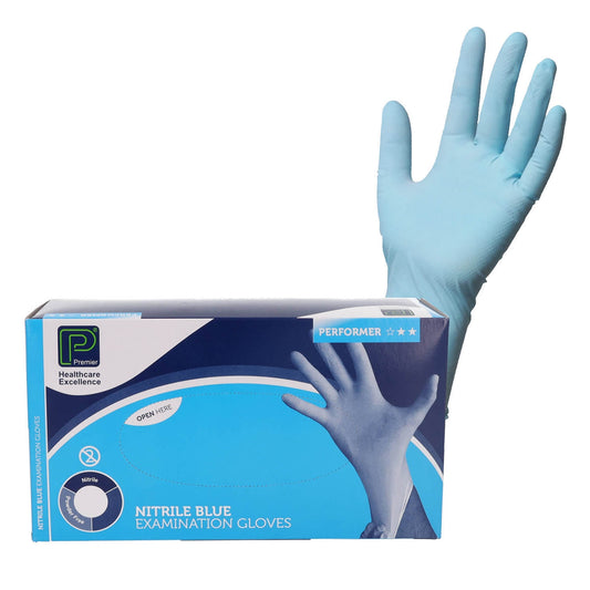 Premier Blue Nitrile Examination Gloves - Non Sterile - Small - Box Of 200 - Premier