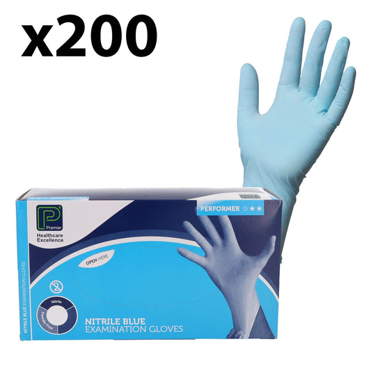 Premier Blue Nitrile Examination Gloves - Non Sterile - Small - Box Of 200 - Premier
