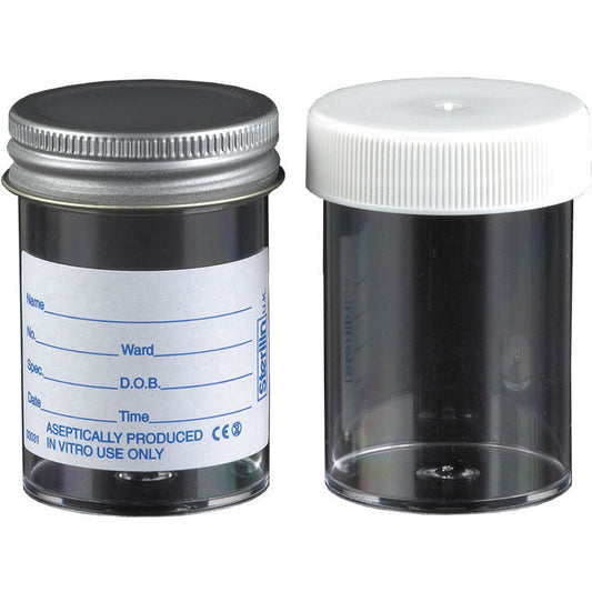 Sterilin 60ml Urine Collection/Sample Bottle - Printed Label & Metal Lid x 300