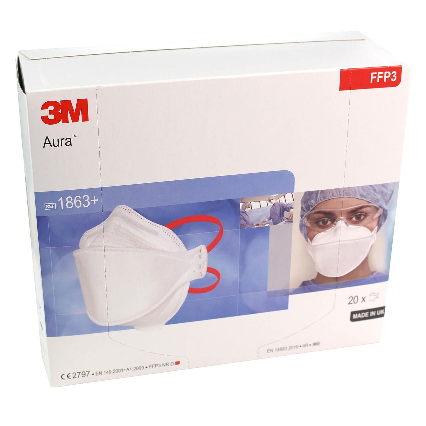 3M™ 1863+ Aura™ Disposable Healthcare Respirator, FFP3 +IIR - Box of 20