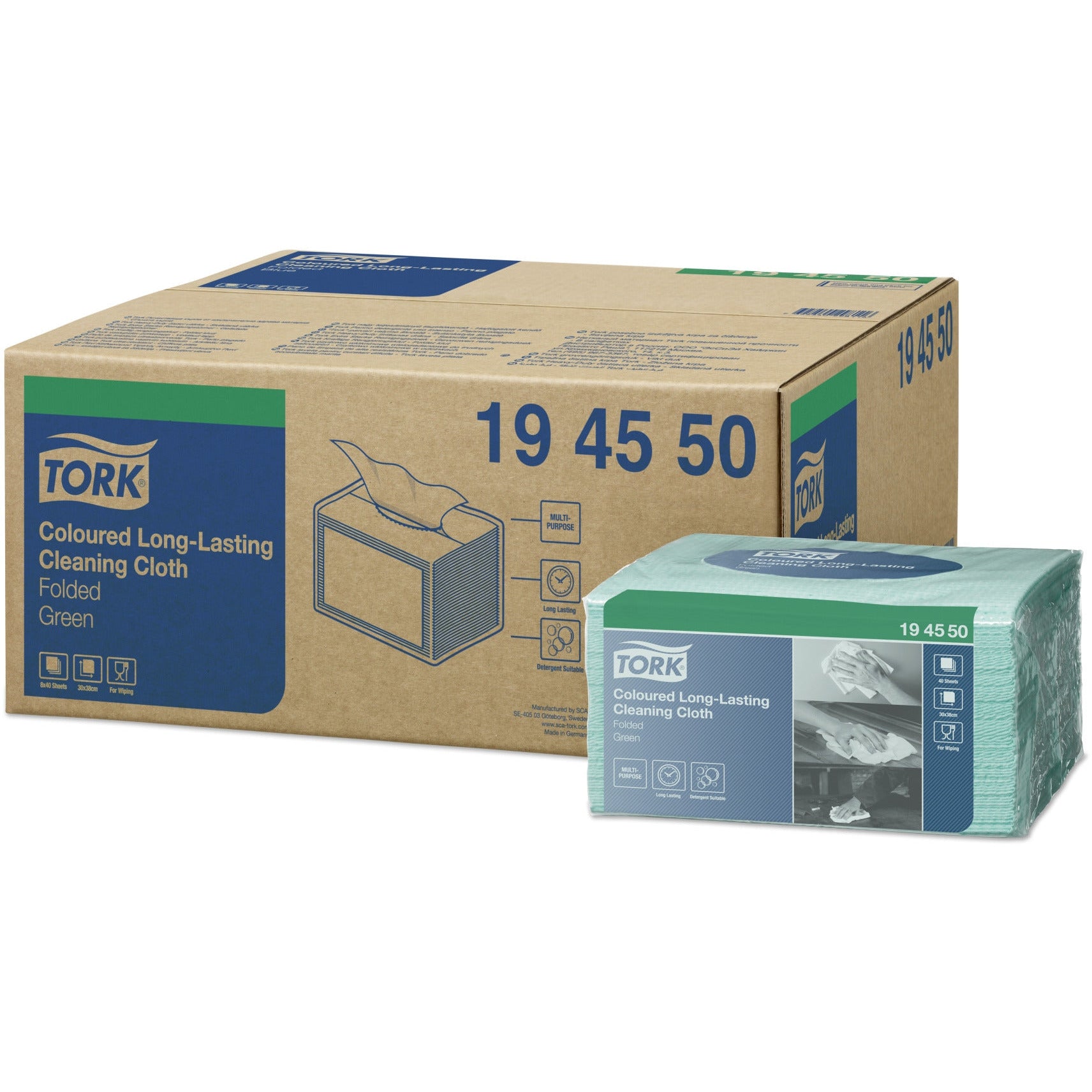 Tork Long-Lasting Cleaning Cloth in Green - Pack of 40 - 194550 - Tork