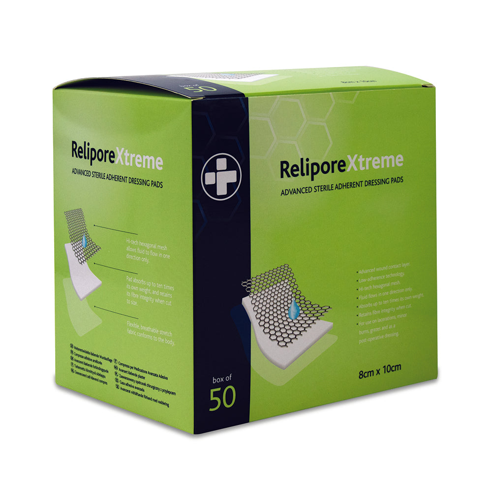 8m x 10cm Relipore Xtreme Adhesive Dressing Pads Sterile - Box of 50 - Reliance