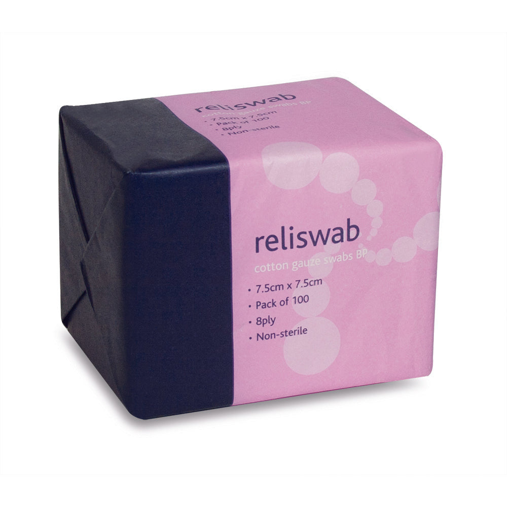 Reliswab - BP Non-Sterile 8ply 7.5cm - x 7.5cm Pack of 100