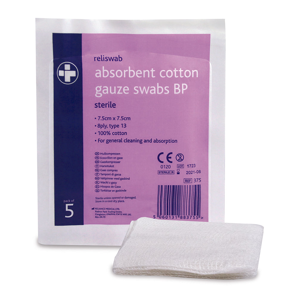 Reliswab BP Sterile 7.5cm x 7.5cm pack of 5 - Reliance