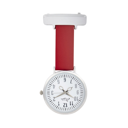 Annie Apple Nurses Fob Watch - Aurora - White/Silver/Red - Leather - 35mm