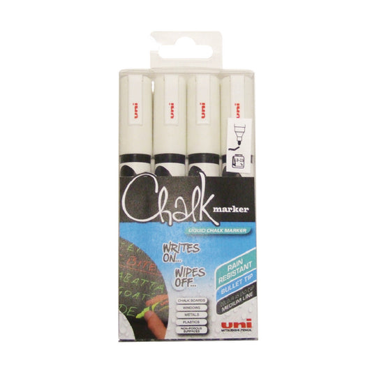 Uni Chalk Markers Medium White Pk4 - uni