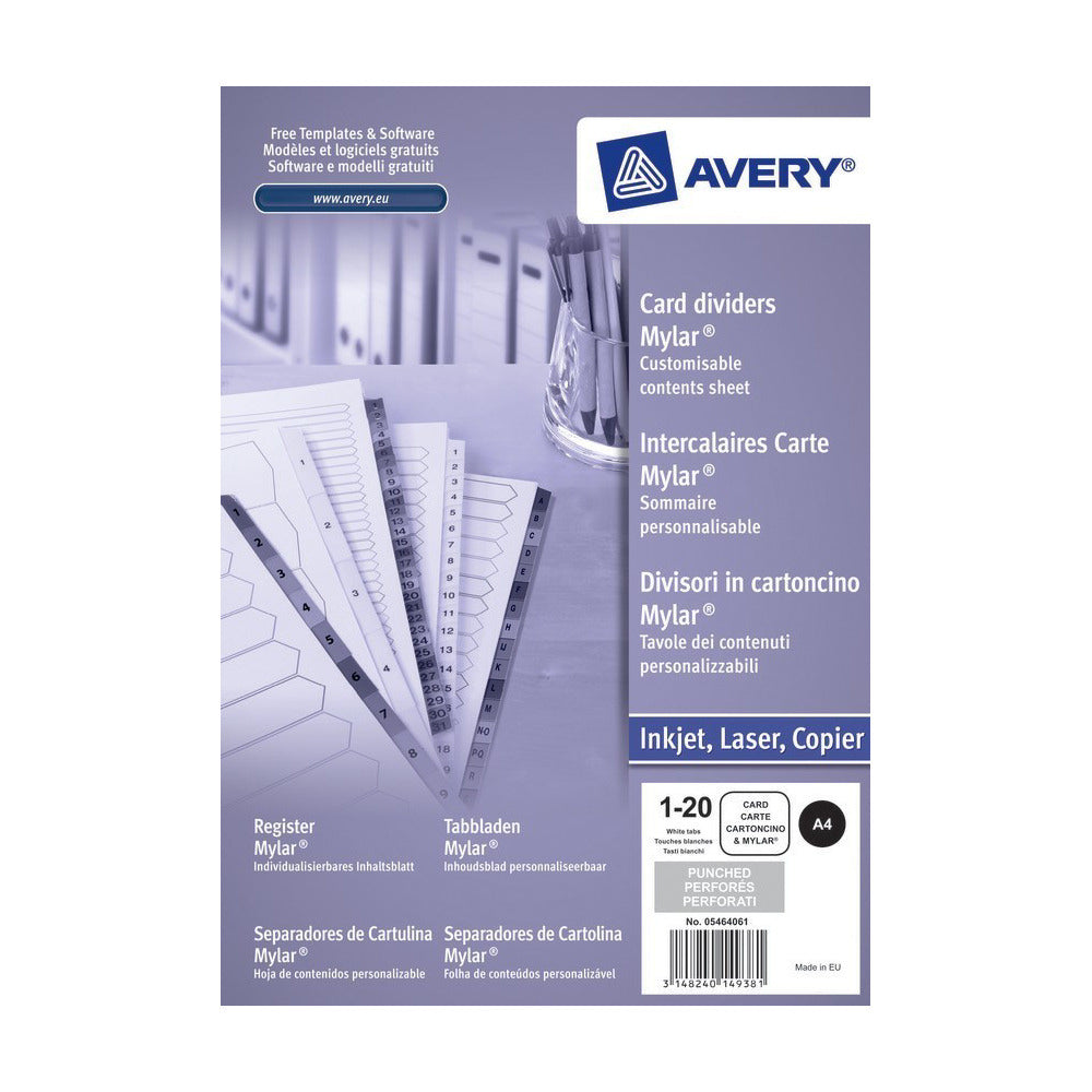 Avery Mylar Index 1-20 Numeric 05464061 - Avery