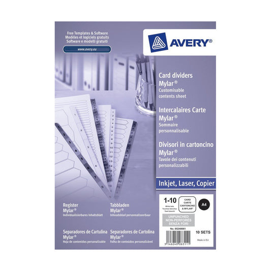 Avery Mylar Index 1-10 Numeric Unpunched Pack of 10 - Avery