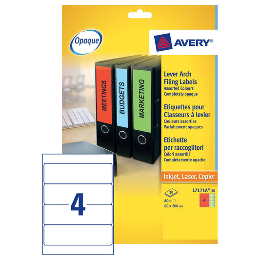 Avery Lever Arch Label 200x60 Assorted (20) L7171A - Avery