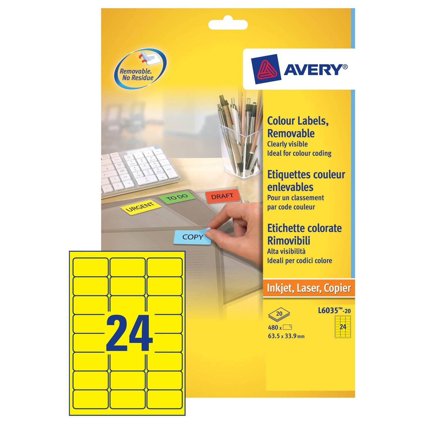 Avery Laser Label 63.5x33.9 Yellow (20) L6035 - Avery