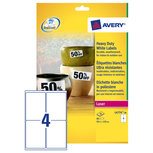 Avery Laser Label H/Duty 4/Sht 20/Pk Wh - Avery
