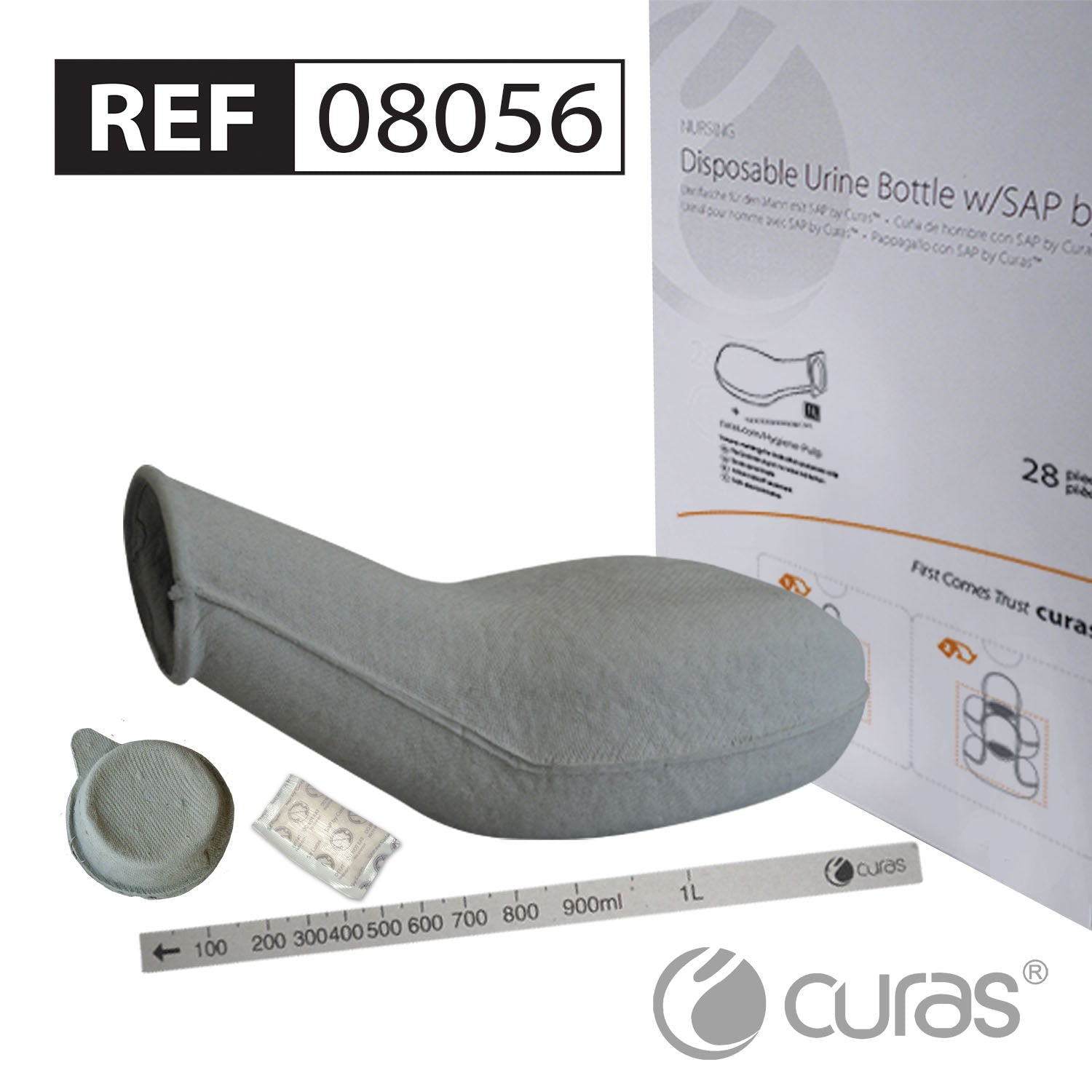 Male Urinal w/SAP, Lid & Measuring Stick - Pack of 28 - Curas