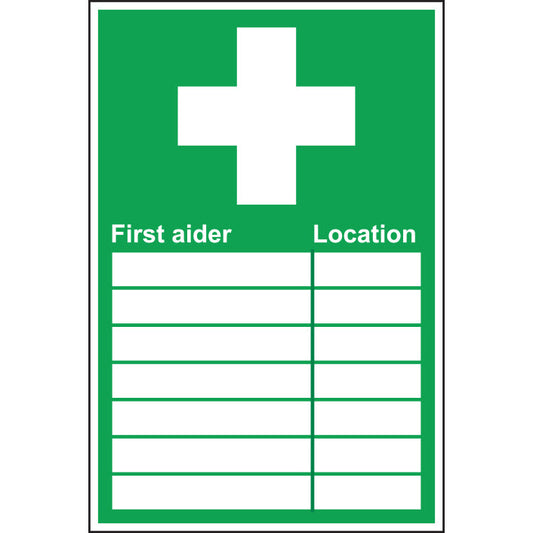 First Aider Location Sign, 300*200mm Rigid, Green