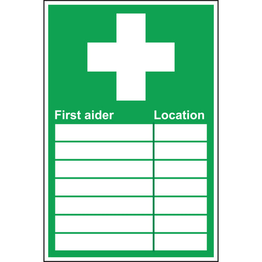 First Aider Location Sign, 300*200mm Rigid, Green - Safety First Aid