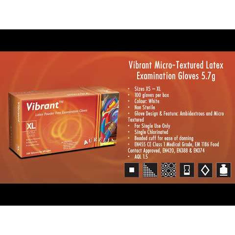 Aurelia Vibrant 100 Micro Textured Latex Examination Gloves 5.7g - Powder-Free - Medium (100)
