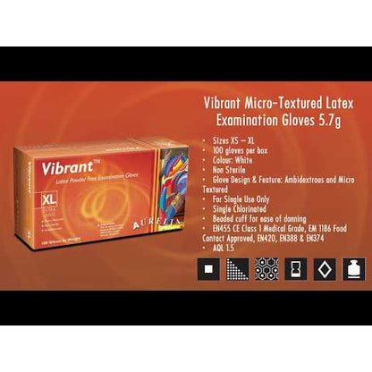 Aurelia Vibrant 100 Micro Textured Latex Examination Gloves 5.7g - Powder-Free - Extra Small (100)