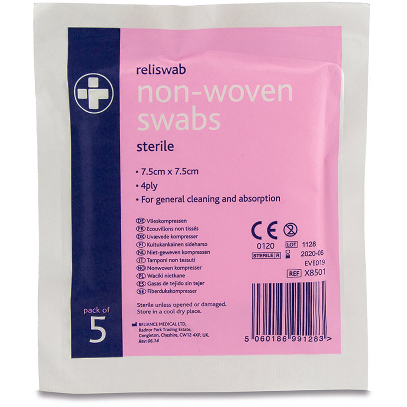 Reliswab Swabs Non-Woven Sterile 4ply 7.5cm x 7.5cm Pack of 25 - Reliance