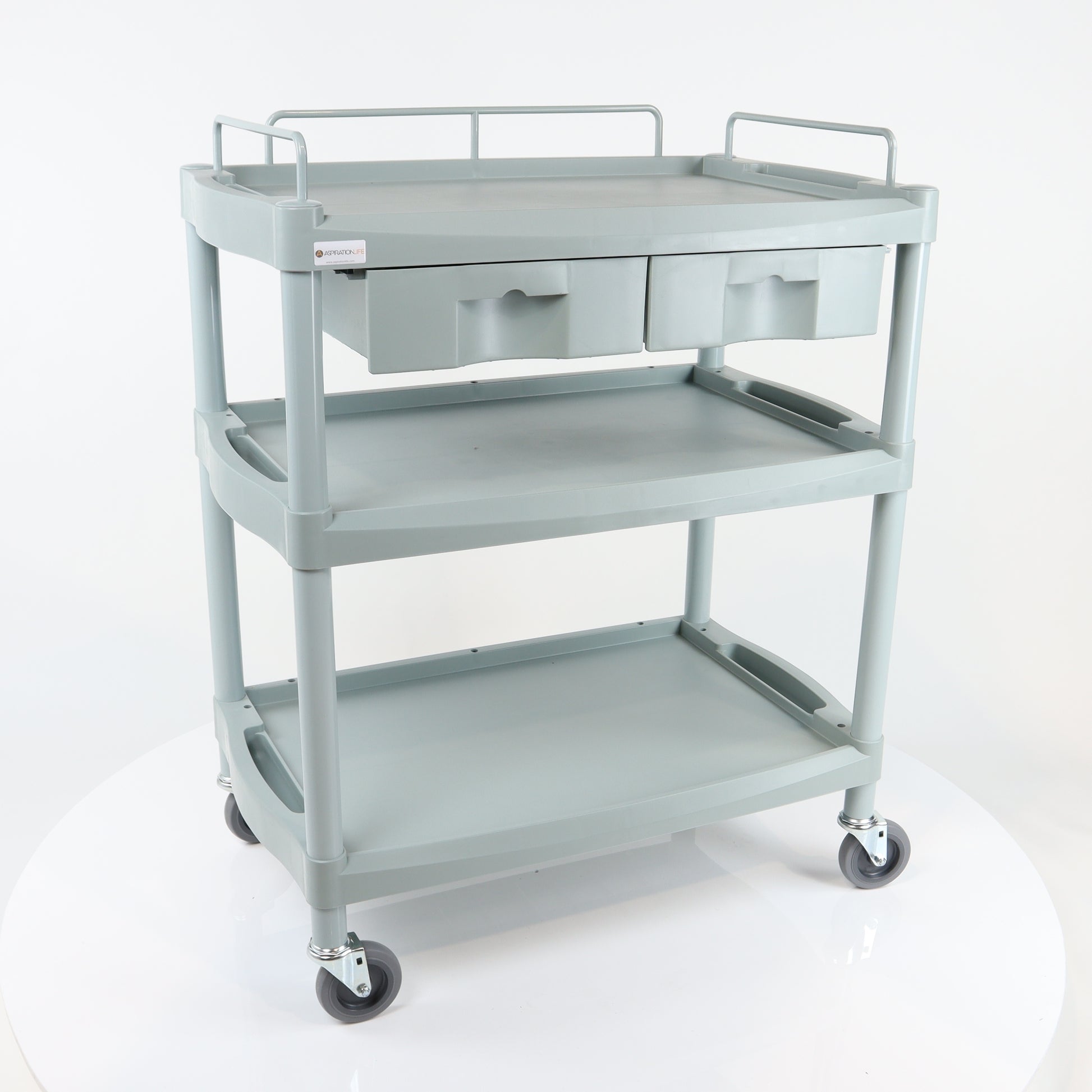Handy Large Tall Clinical Dressing Trolley, 2 Drawers & Rails - Grey - Aspiration Life