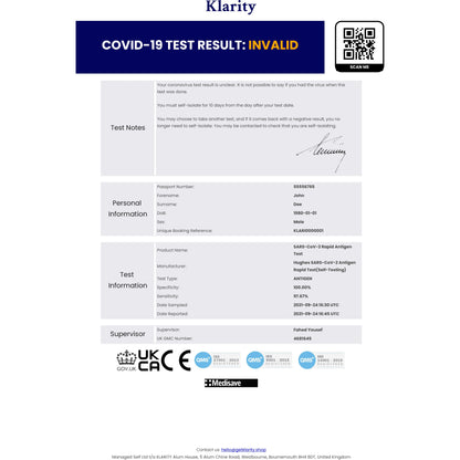 Fit to Fly / Day 2 Covid Test - Single x1 Certificate - Klarity