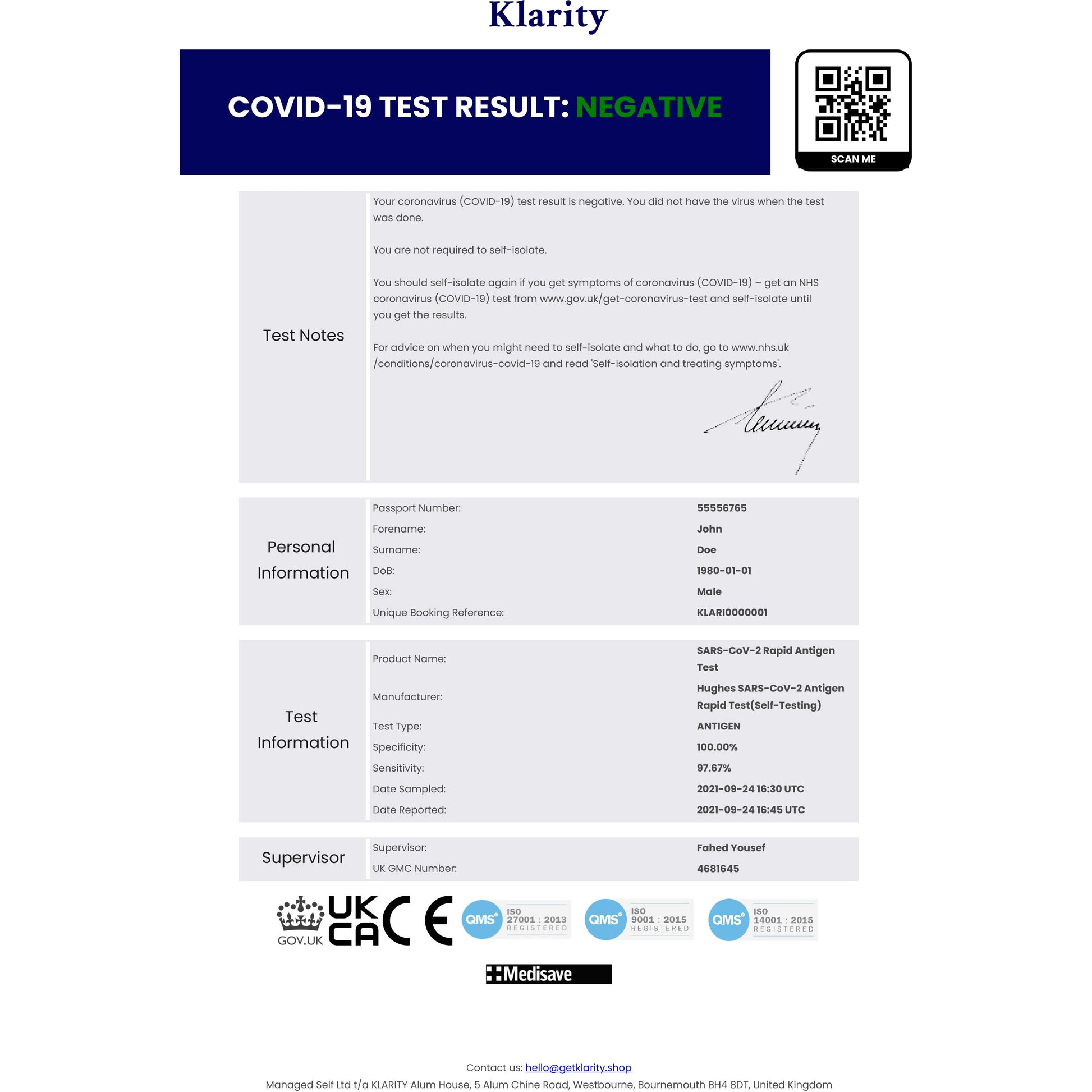 Fit to Fly / Day 2 Covid Test - Single x1 Certificate - Klarity