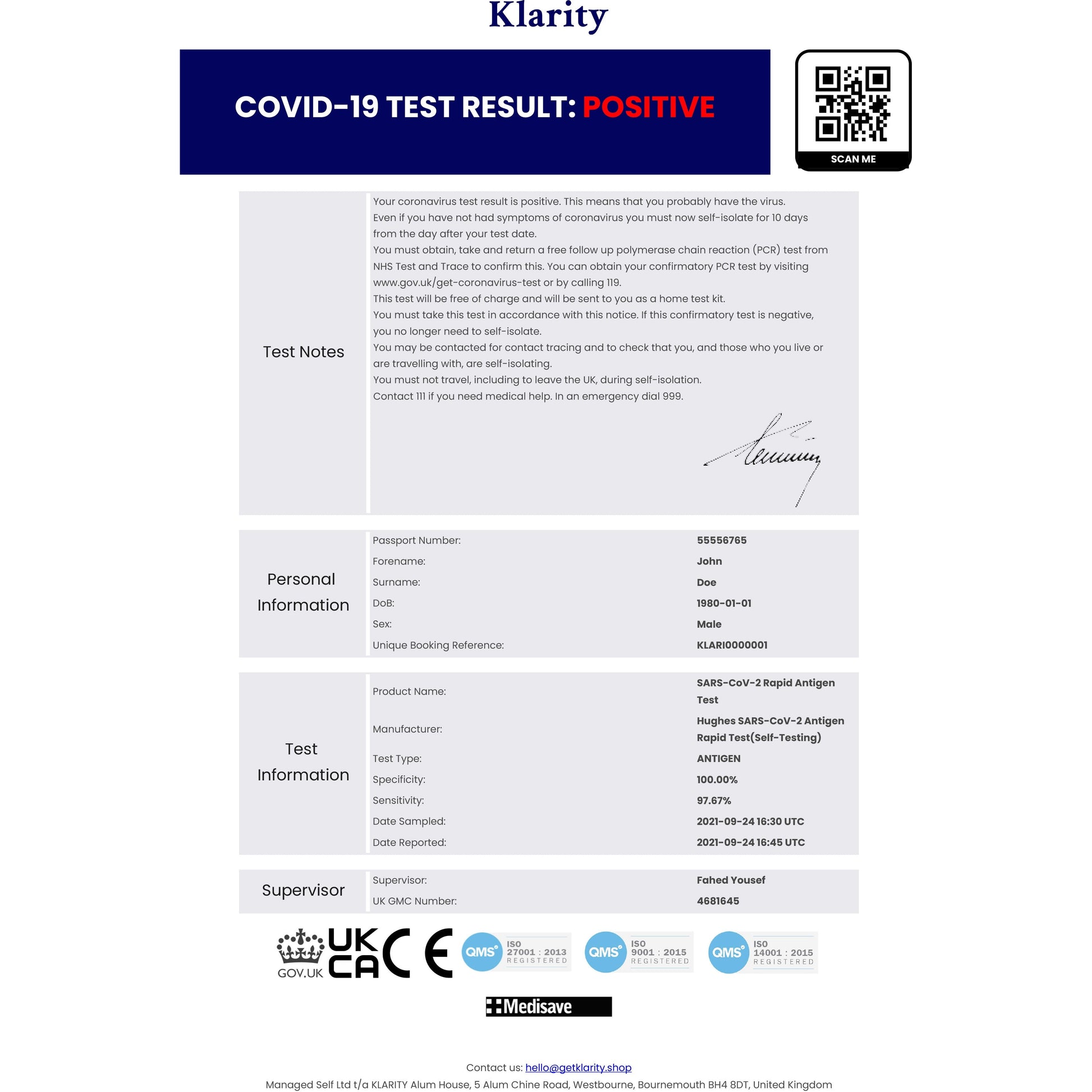 Fit to Fly / Day 2 Covid Test - Single x1 Certificate - Klarity