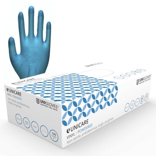 Unicare Soft Blue Powdered Vinyl Gloves - Small - Box Of 100 - Discontinued