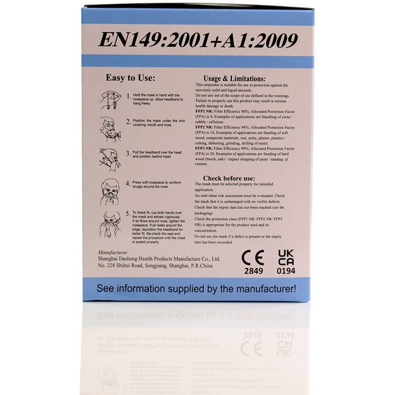 FFP3 Unvalved Face Masks (Box of 20 Masks) - Dasheng