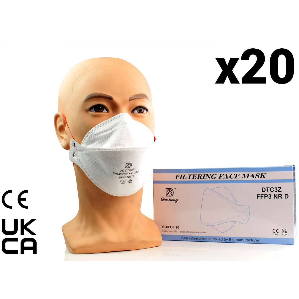 FFP3 Unvalved Face Masks (Box of 20 Masks) - Dasheng