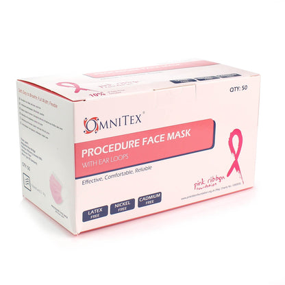 Face Masks - Type IIR with Ear Loops - Pink - Box of 50 - Breast Cancer Awareness [UK MADE] - Omnitex