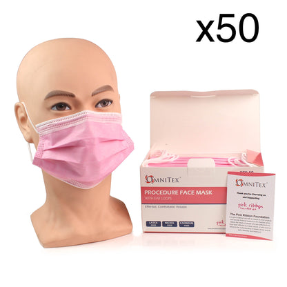 Face Masks - Type IIR with Ear Loops - Pink - Box of 50 - Breast Cancer Awareness [UK MADE] - Omnitex
