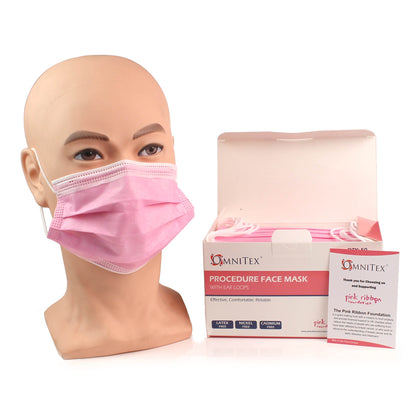 Face Masks - Type IIR with Ear Loops - Pink - Box of 50 - Breast Cancer Awareness [UK MADE] - Omnitex