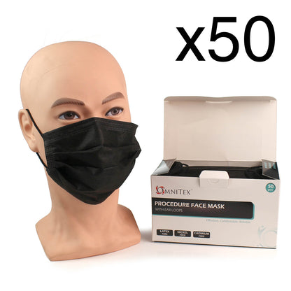 Face Masks - Type IIR with Ear Loops - Black - Box of 50 [UK MADE]