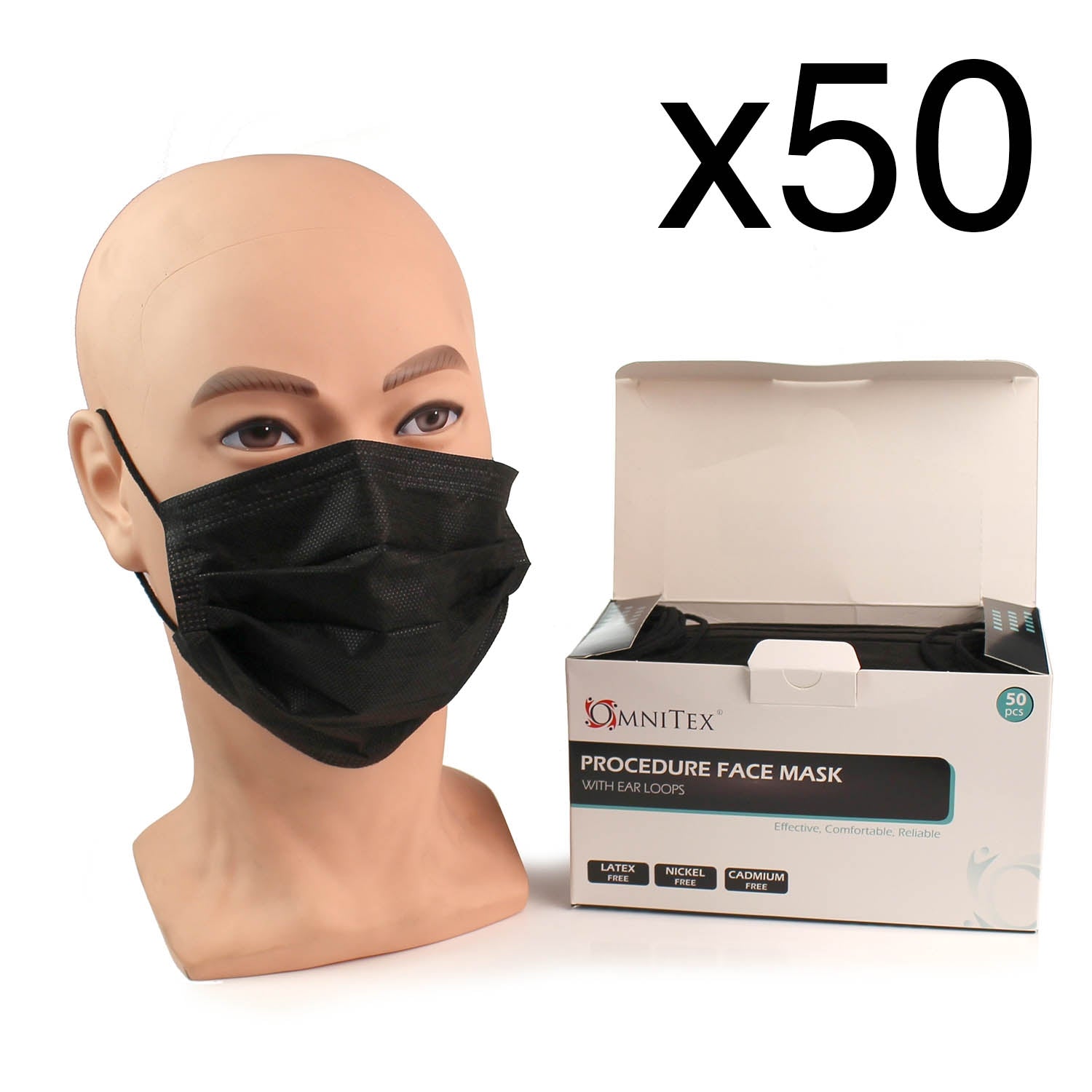 Face Masks - Type IIR with Ear Loops - Black - Box of 50 [UK MADE] - Omnitex