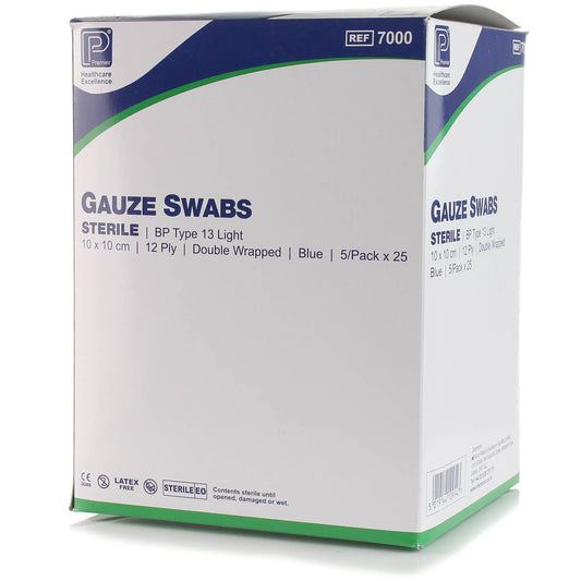 Gauze Swab Blue BP 10 x 10cm ST 5's 12 Ply - 25 x 5 - 