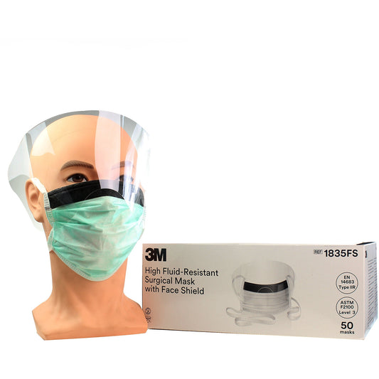3M™ Tie-On, High Fluid-Resistant Surgical Mask with Face Shield - Type IIR 1835FS - Pack Of 50