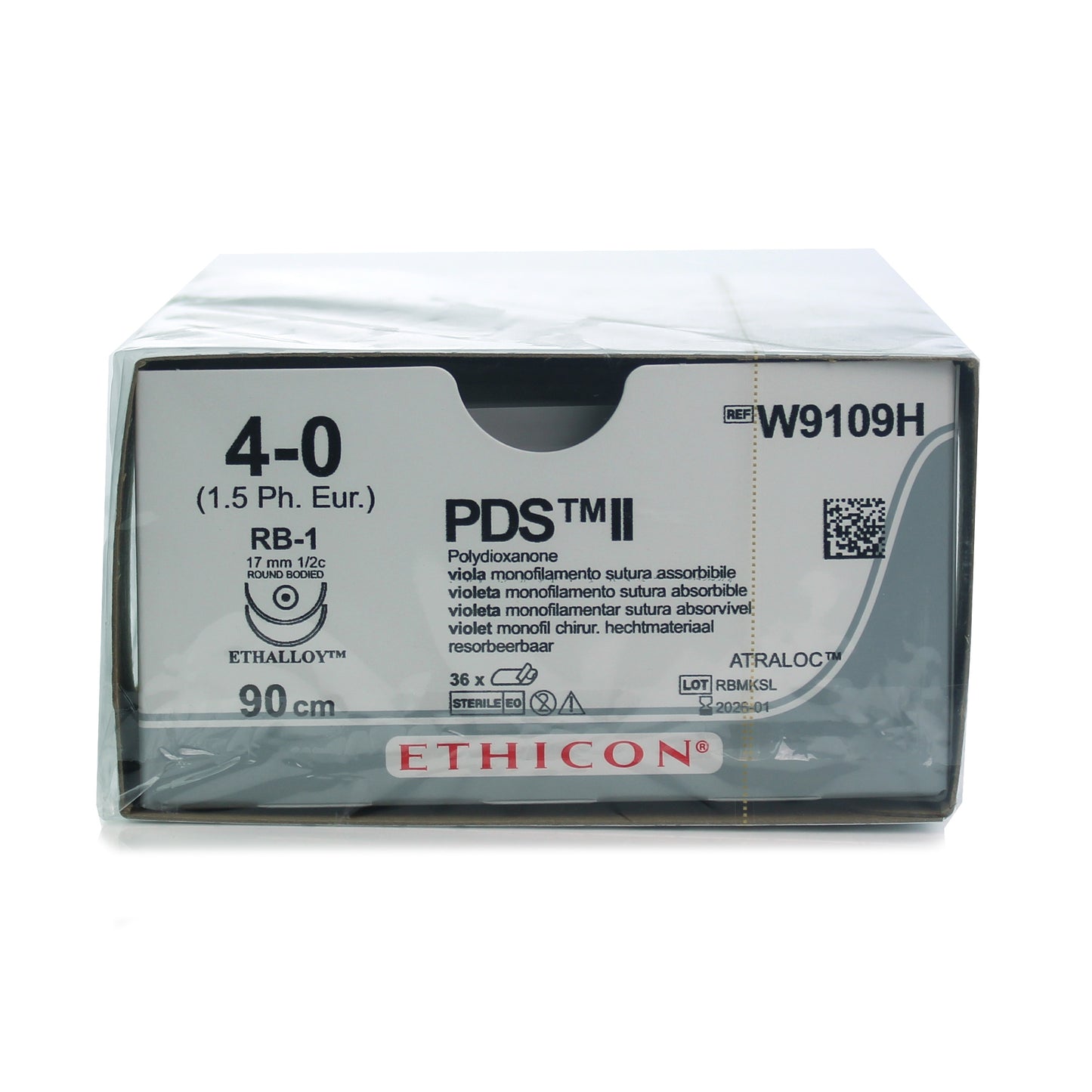 W9109H PDS, Violet, Monofilament, 2xRB-1, 4-0, 90cm, 1/2 Circle Taper Point Absorbable Sutures - Box of 36 - Ethicon